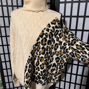 Buckle Cream and Black Leopard Cowl Sweater OFF THE SHOULDER